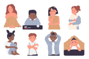 Kids displaying signs of distress, sadness, and anxiety, representing the effects of trauma.