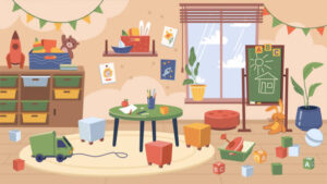 A warm, inviting play therapy room with toys, art materials, and a child and therapist engaged in play.